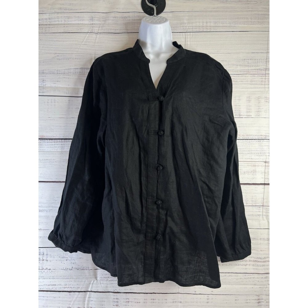 J Jill Black Tunic Top Size L Button Up Linen Boho Lagenlook Celtic Knot Buttons